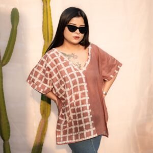 Checks Hand-painted Batik Art Pure Cotton Antifit Top (Chandan)