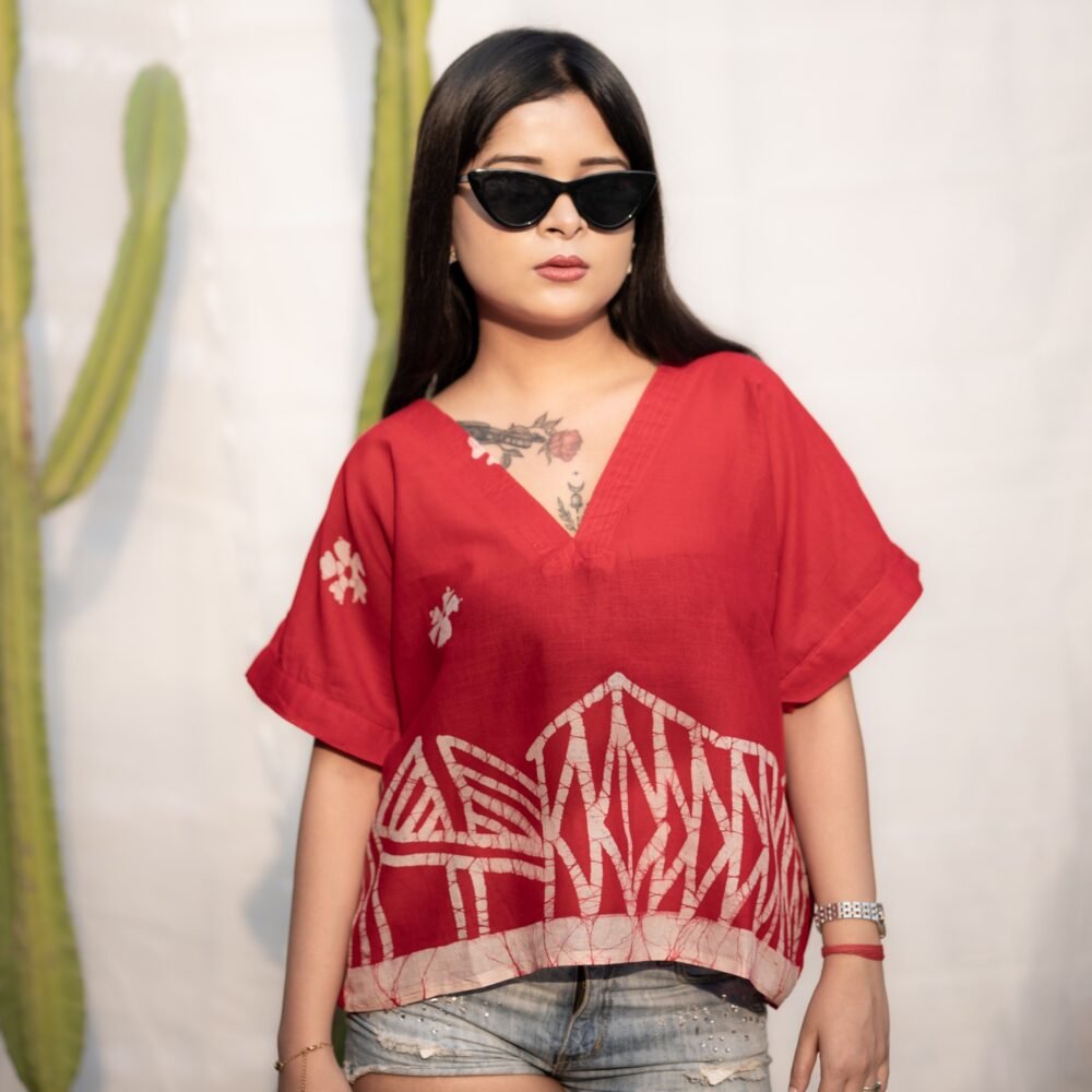 Kolkata Hand-painted Batik Art Pure Cotton Crop Top (Red)