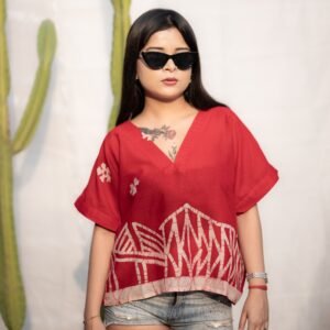 Kolkata Hand-painted Batik Art Pure Cotton Crop Top (Red)