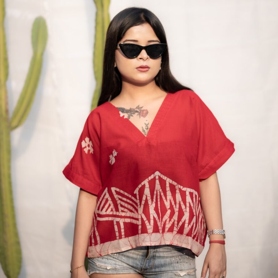 Kolkata Hand-painted Batik Art Pure Cotton Crop Top (Red)