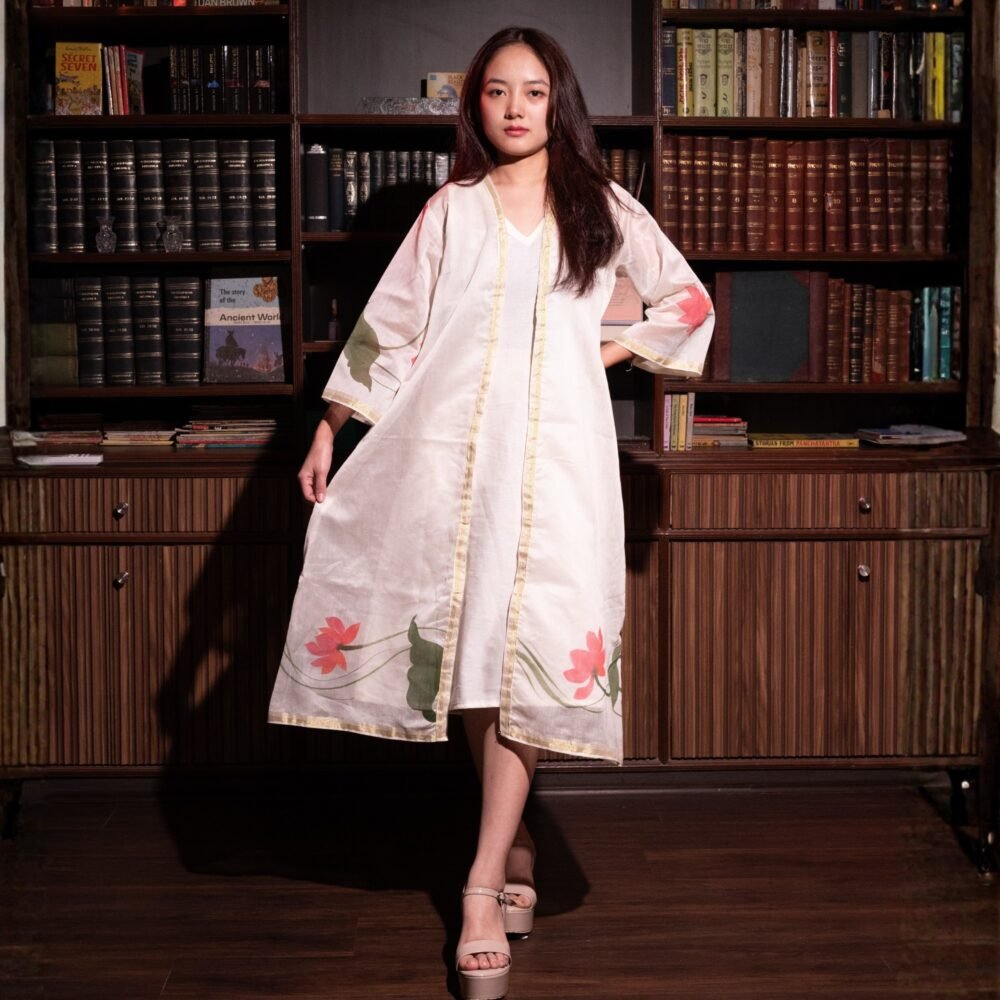 Lotus Hand-painted Pure Silk Chanderi Long Jacket