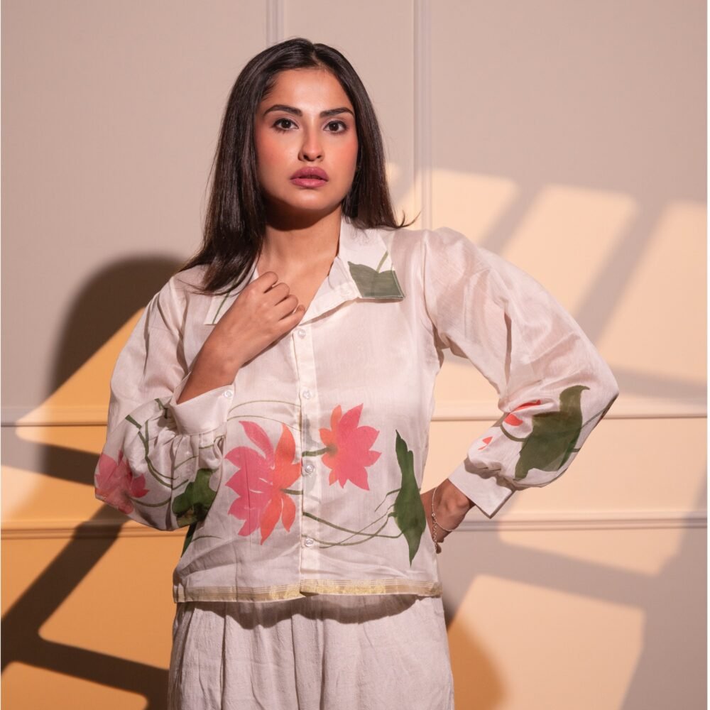 Lotus Hand-painted Pure Silk Chanderi Short Shirt