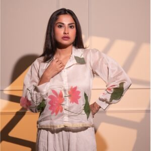 Lotus Hand-painted Pure Silk Chanderi Short Shirt