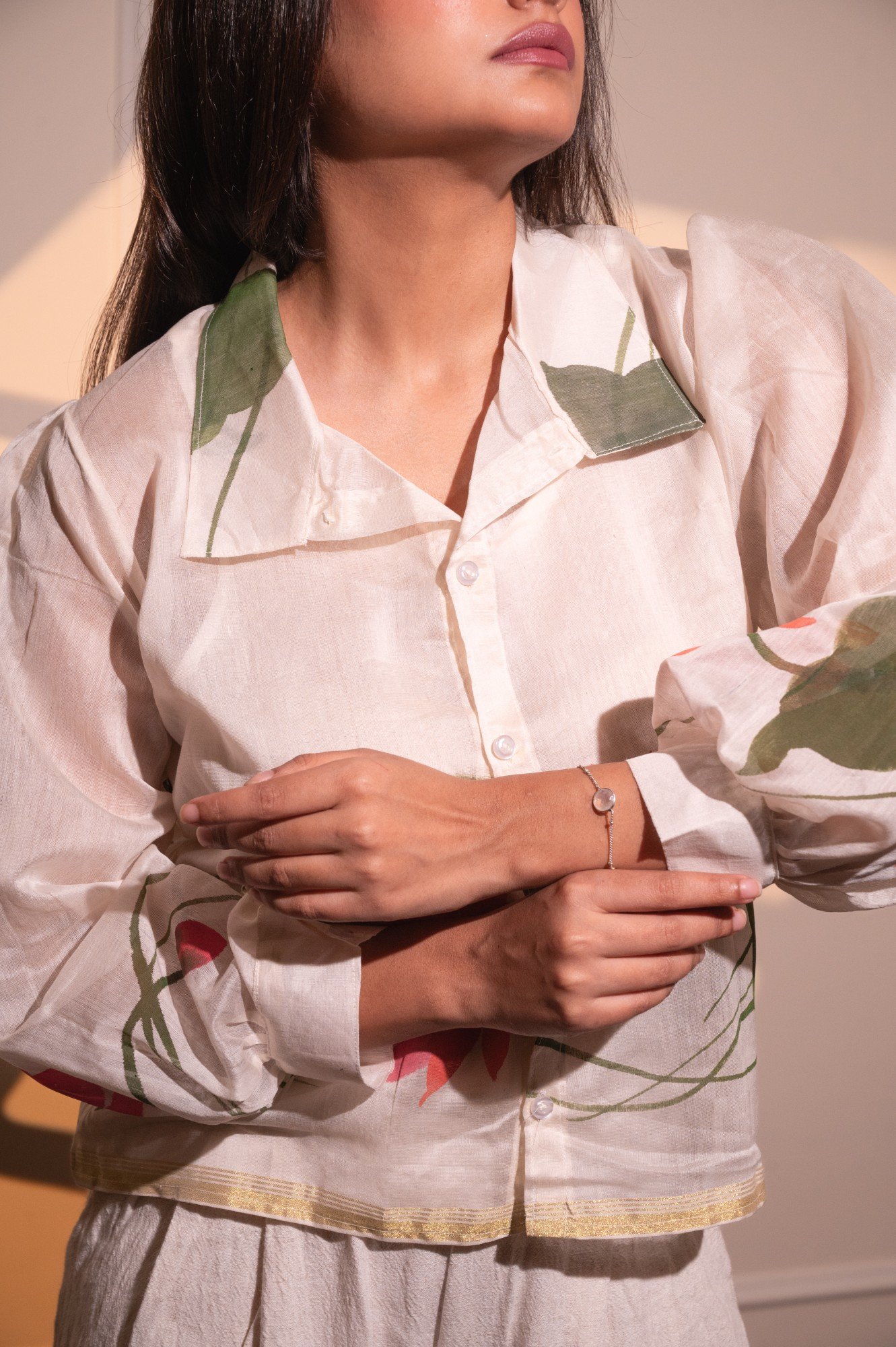 Lotus Hand-painted Pure Silk Chanderi Short Shirt - Image 2