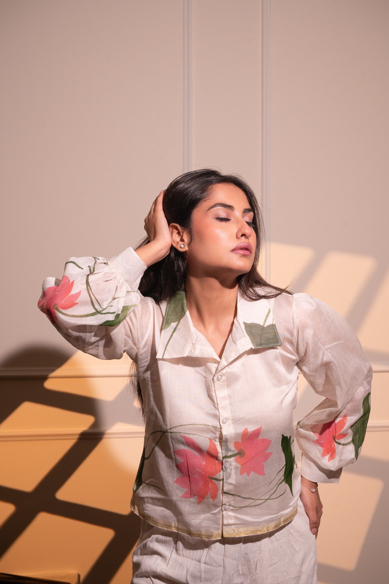 Lotus Hand-painted Pure Silk Chanderi Short Shirt - Image 4