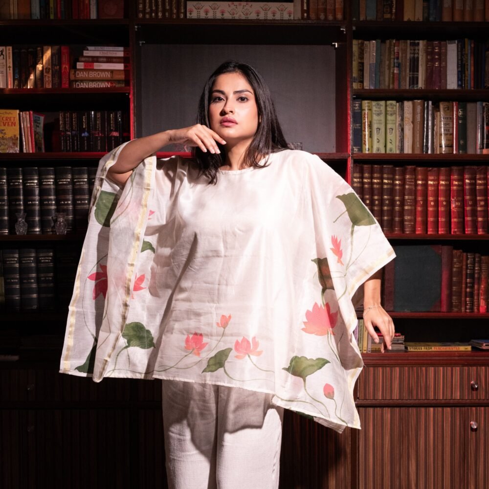 Lotus Handpainted Pure Silk Chanderi Short Kaftan