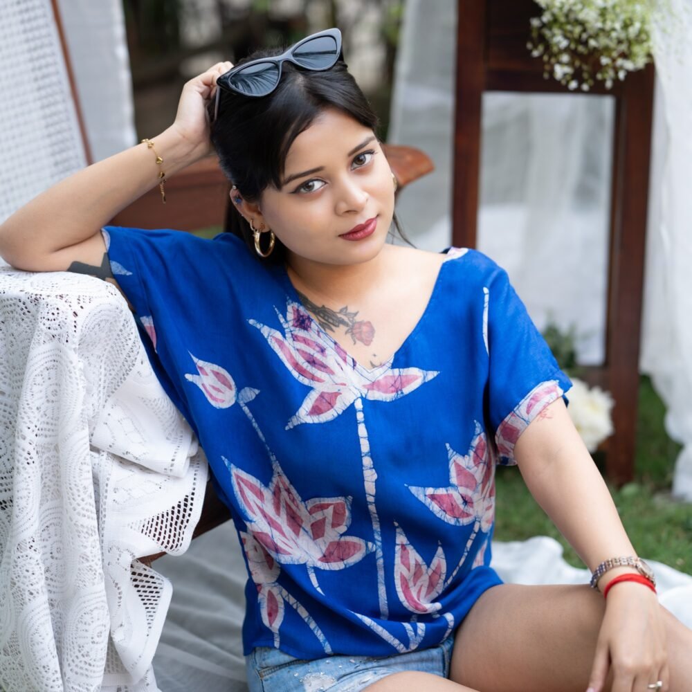 Lotus Pond Hand-painted Batik Silk by Cotton Crop Top