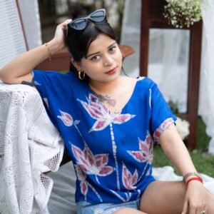 Lotus Pond Hand-painted Batik Silk by Cotton Crop Top