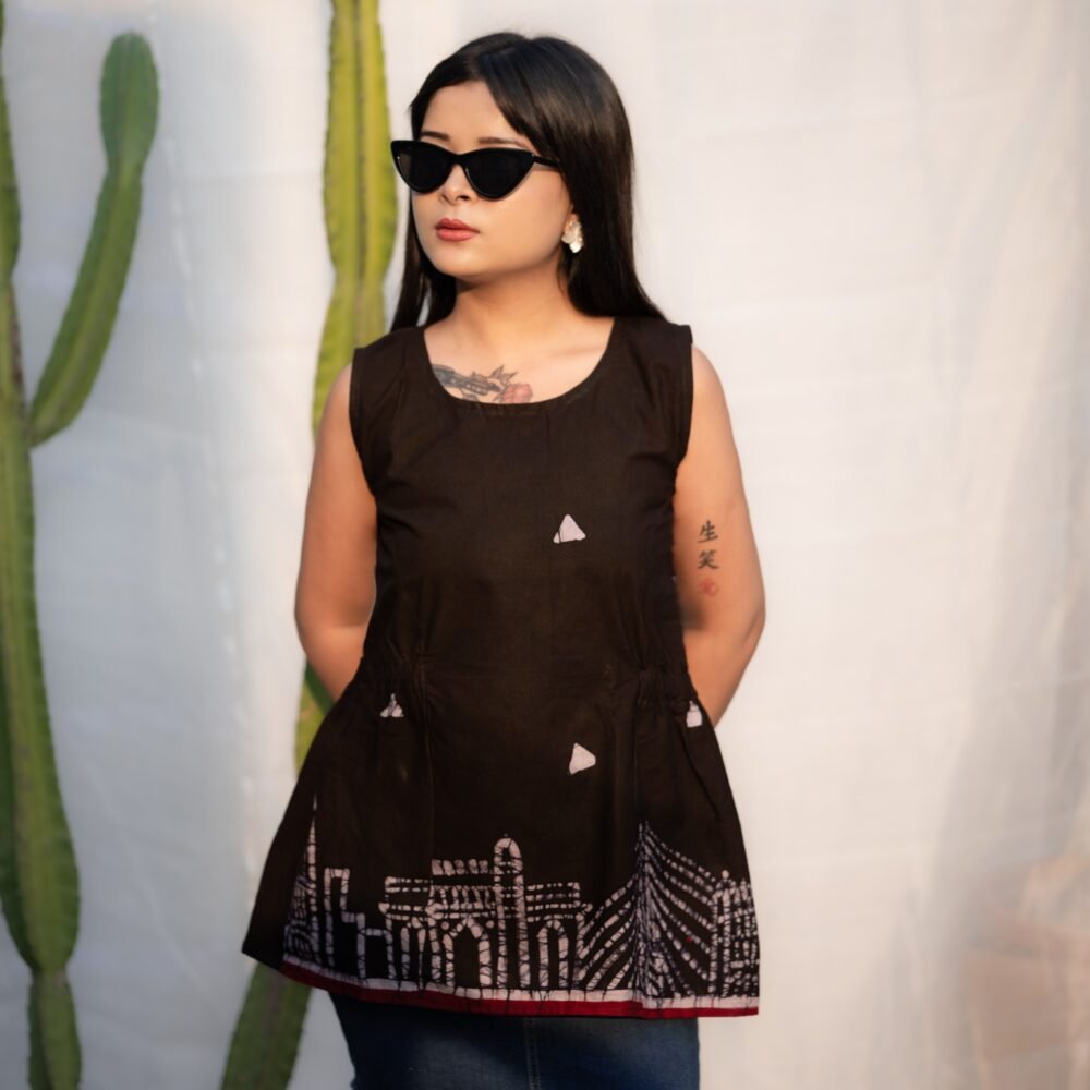 Mumbai Hand Painted batik Sleeveless Pure Cotton Top (Black)
