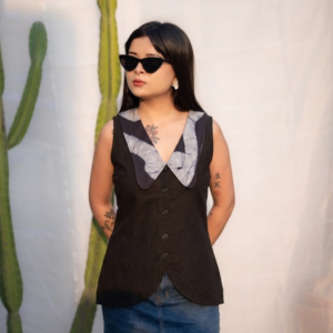 Batik Abstract Art Collar Black Pure Cotton Top