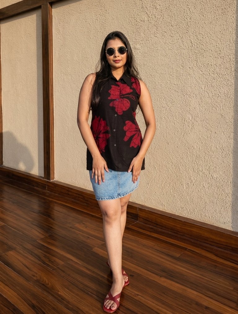 Hibiscus Black Pure Cotton Hand Batik Shirt - Image 4