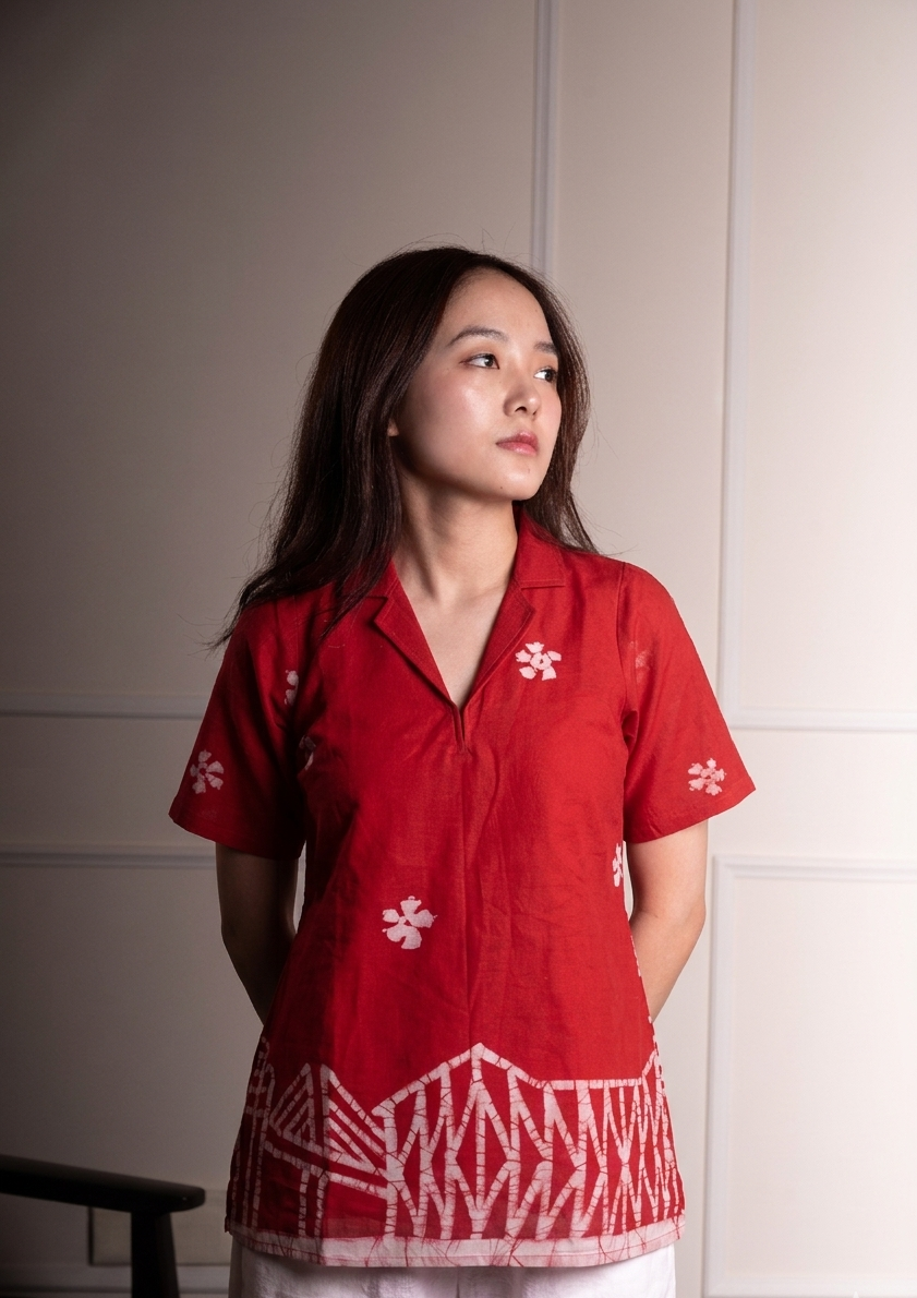 Kolkata Red Pure Cotton Collared Top - Image 3