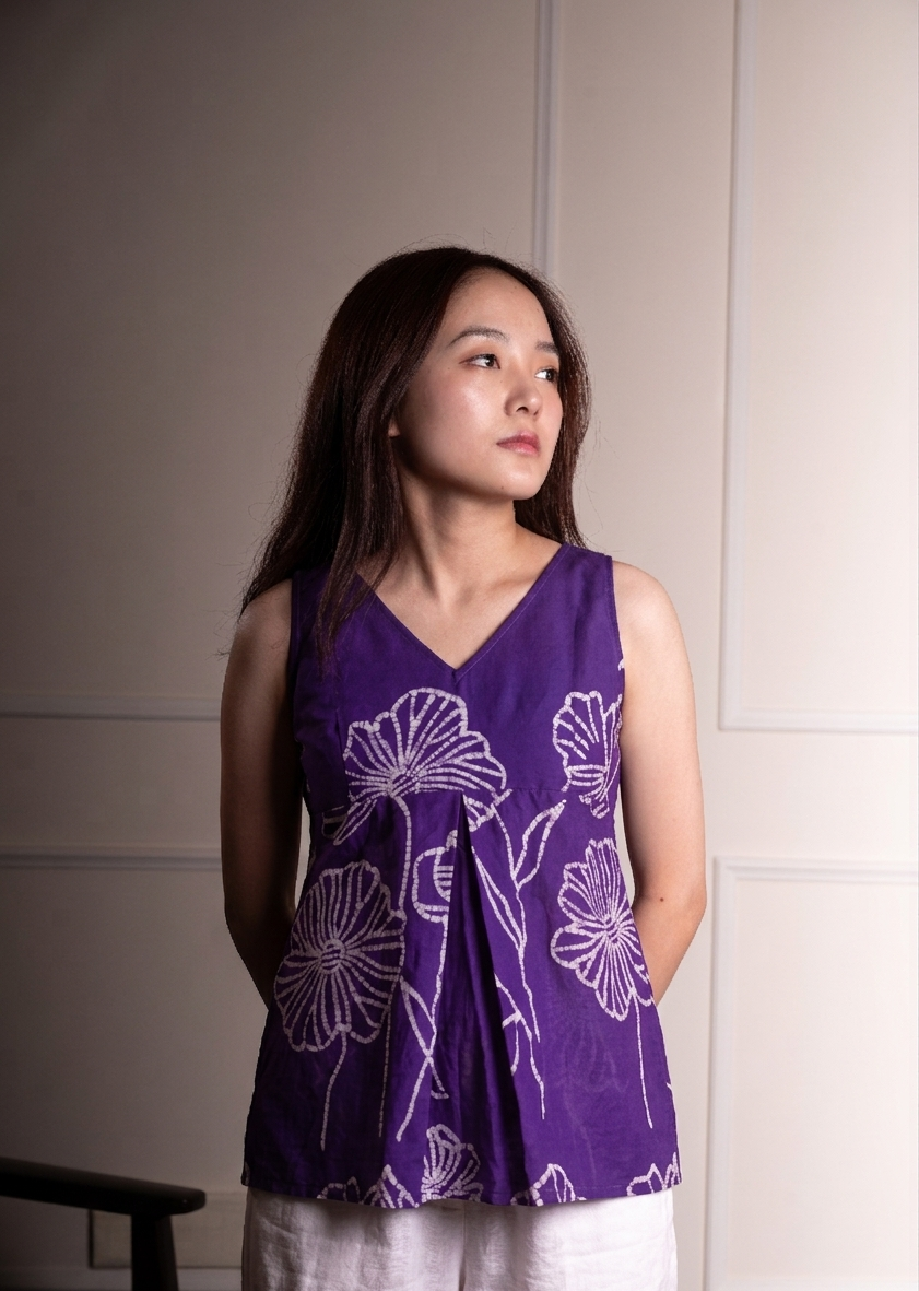 Purple floral Hand Batik Pure Cotton Top - Image 5