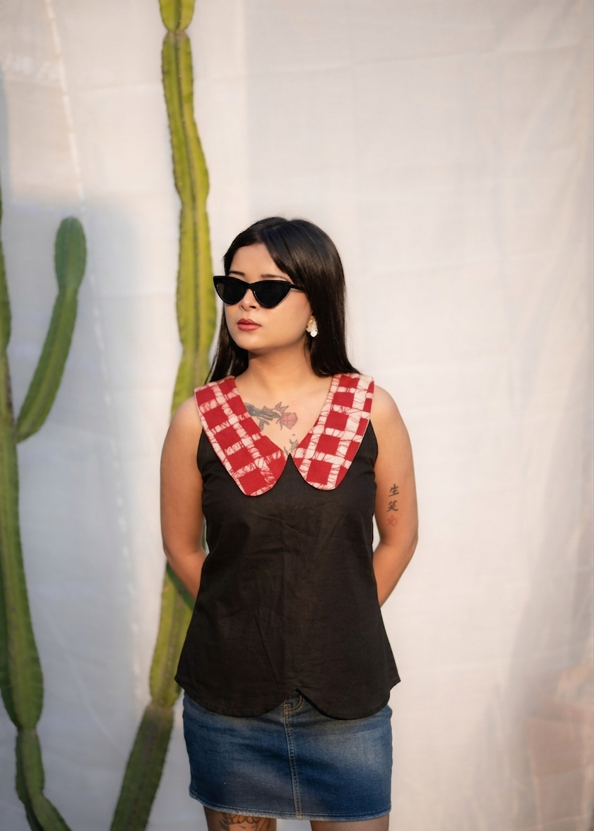 Red Batik Checks Collar Black Pure Cotton Top - Image 2