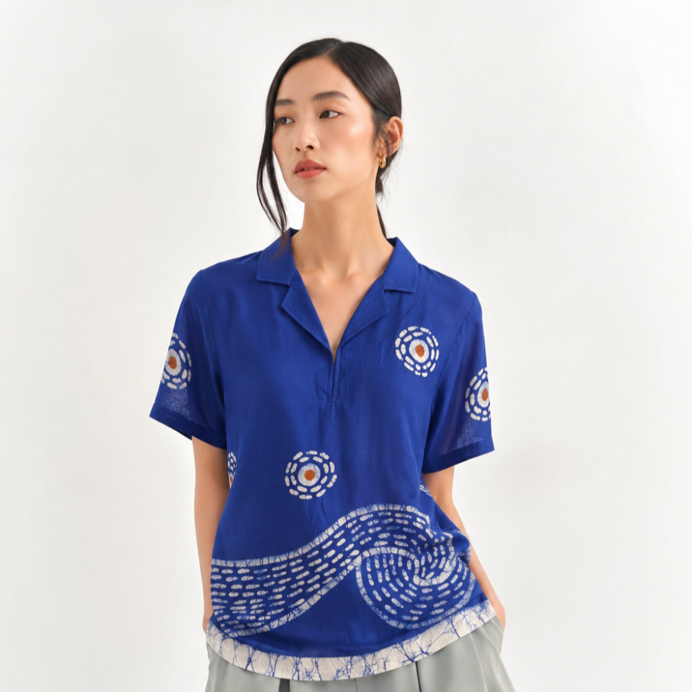Starry Night Blue Batik Art Pure Cotton Collared Top