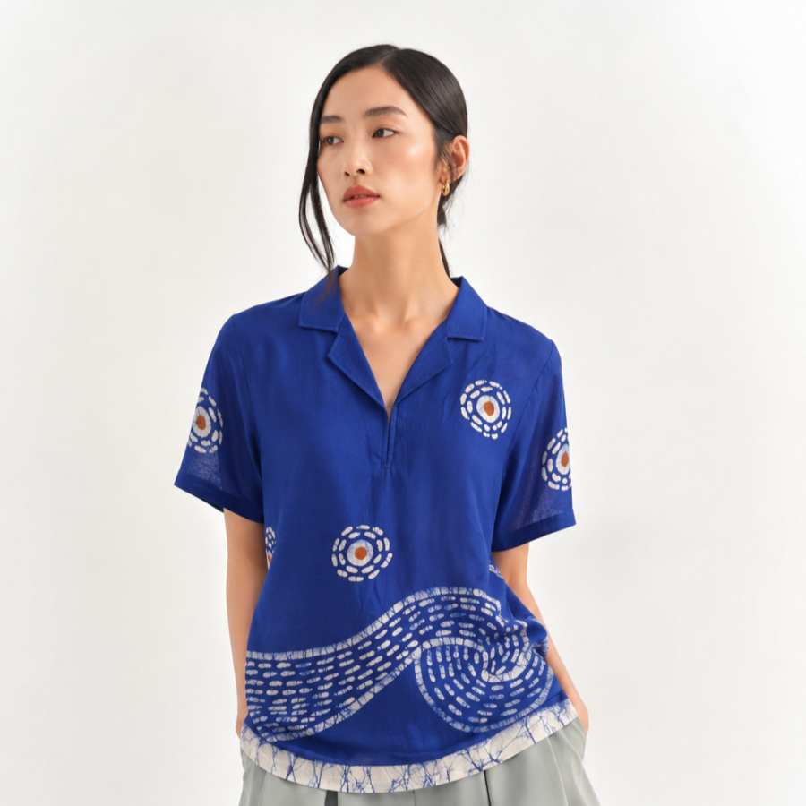 Starry Night Blue Batik Art Pure Cotton Collared Top
