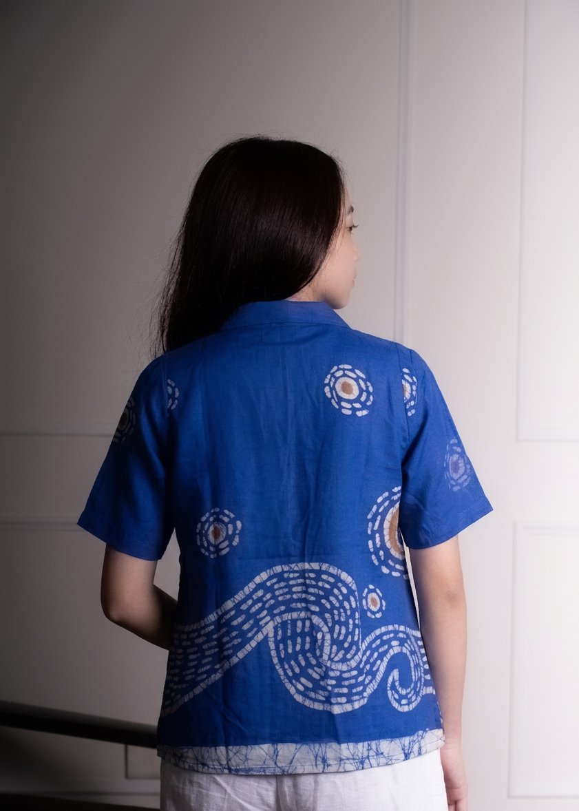 Starry Night Blue Batik Art Pure Cotton Collared Top - Image 2