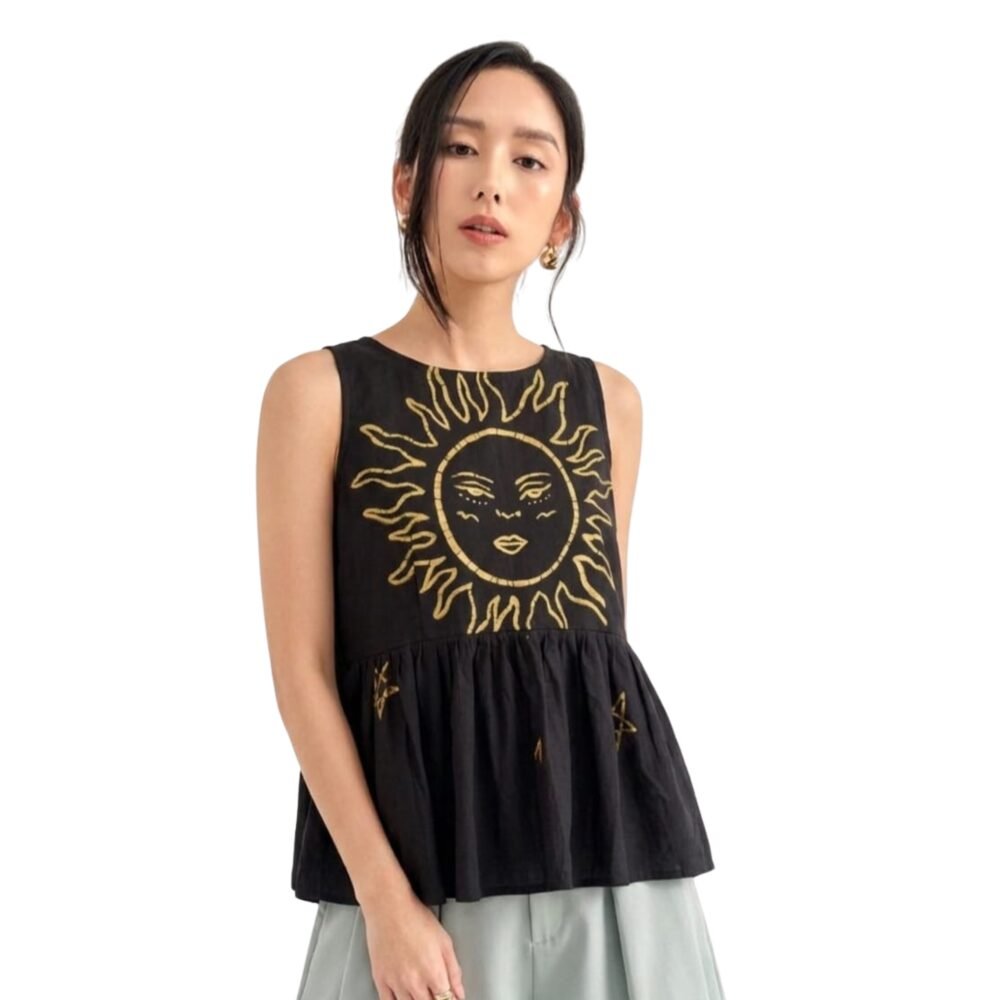 Sun Celestial Black Brown Batik Pure Cotton Top