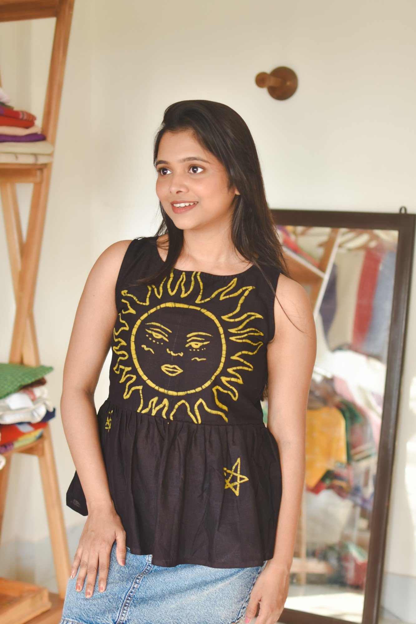 Sun Celestial Black Brown Batik Pure Cotton Top - Image 2