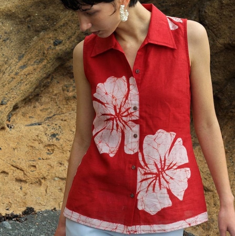 White Red Joba Batik Pure Cotton Shirt Sleeveless - Image 4