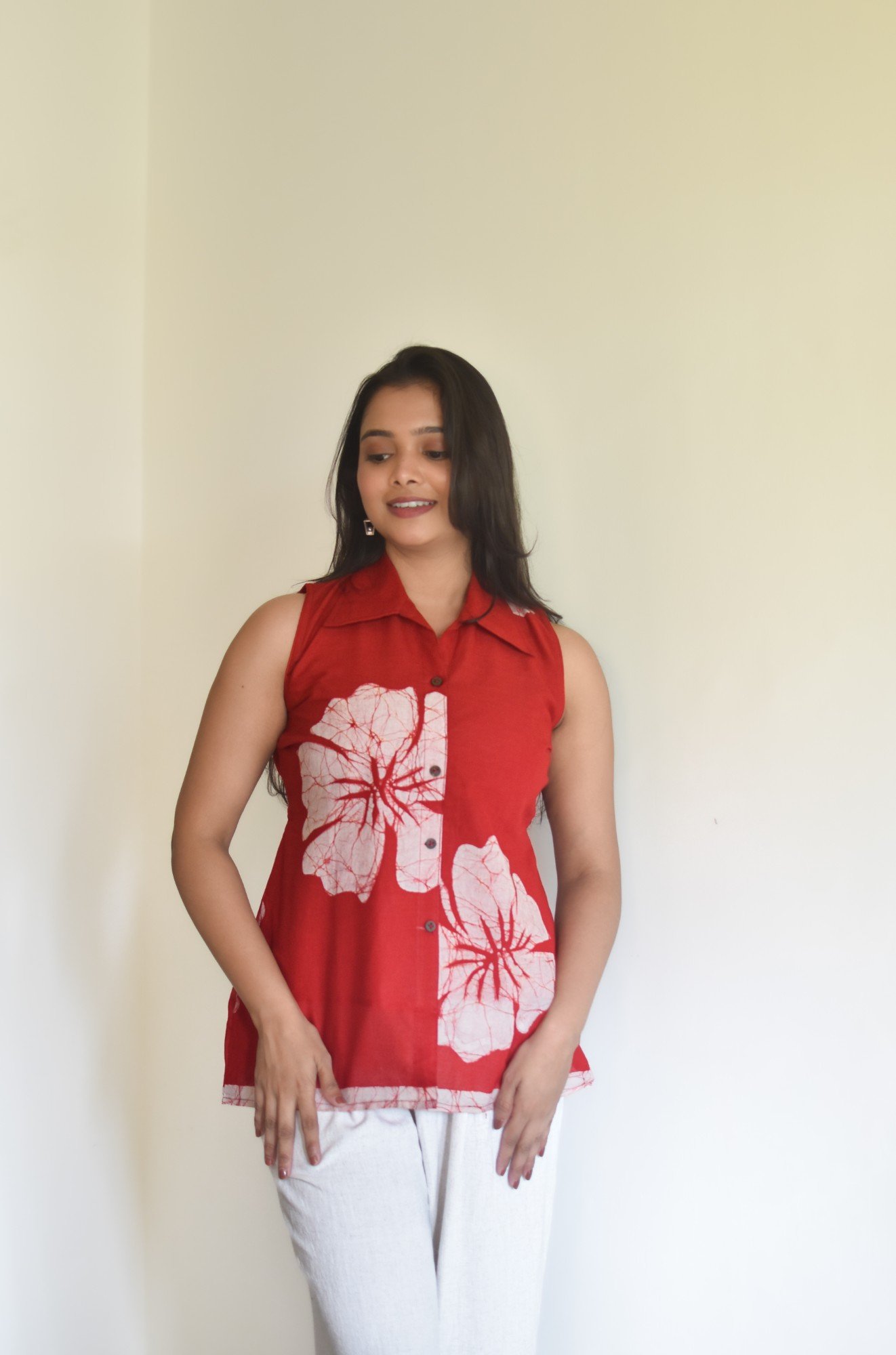 White Red Joba Batik Pure Cotton Shirt Sleeveless - Image 6