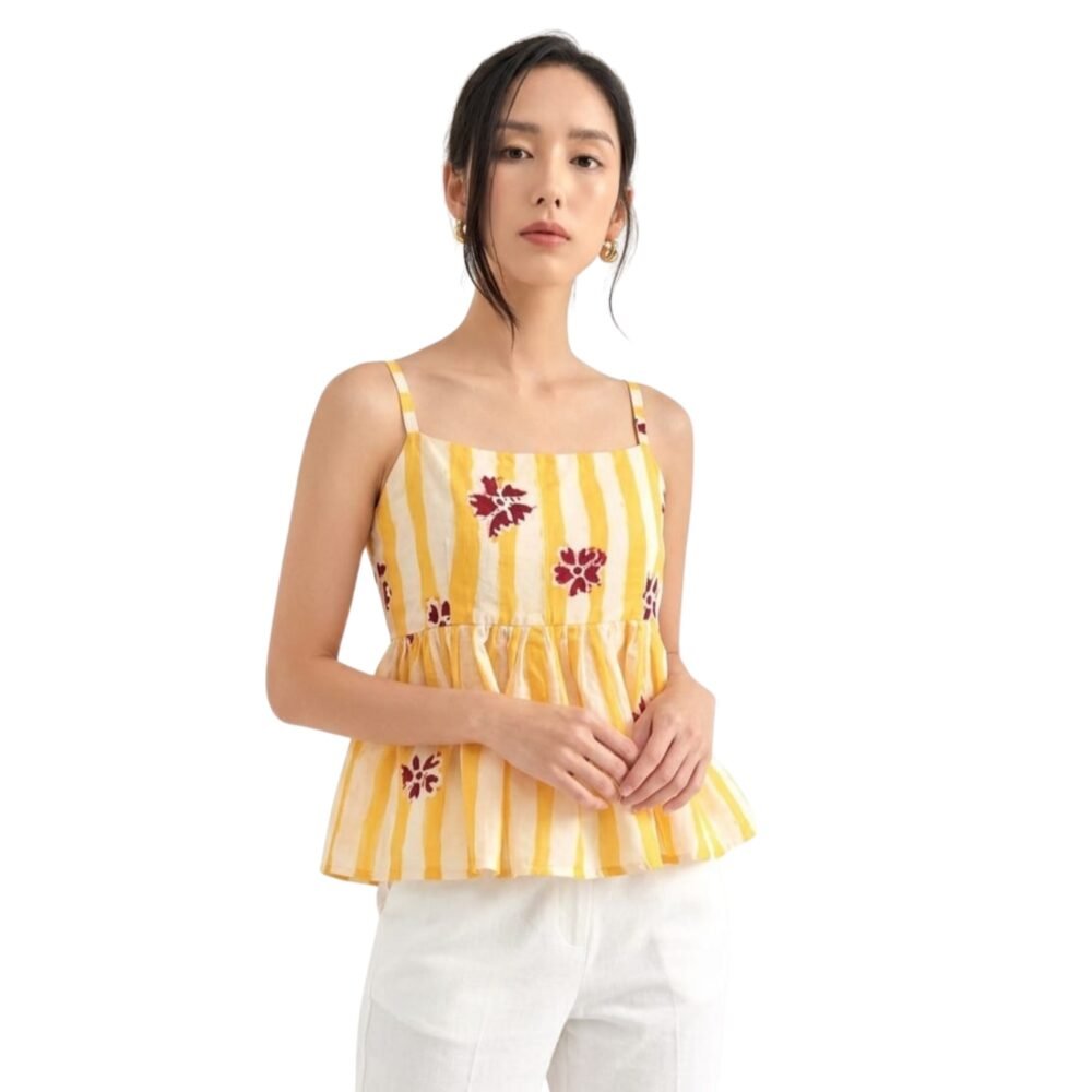 Yellow Striped Floral Noodles Strap Pure Cotton Top
