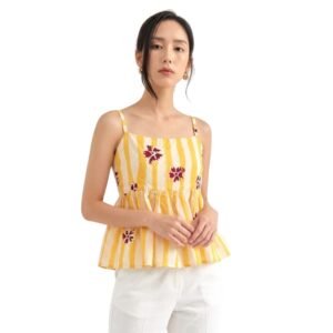 Yellow Striped Floral Noodles Strap Pure Cotton Top