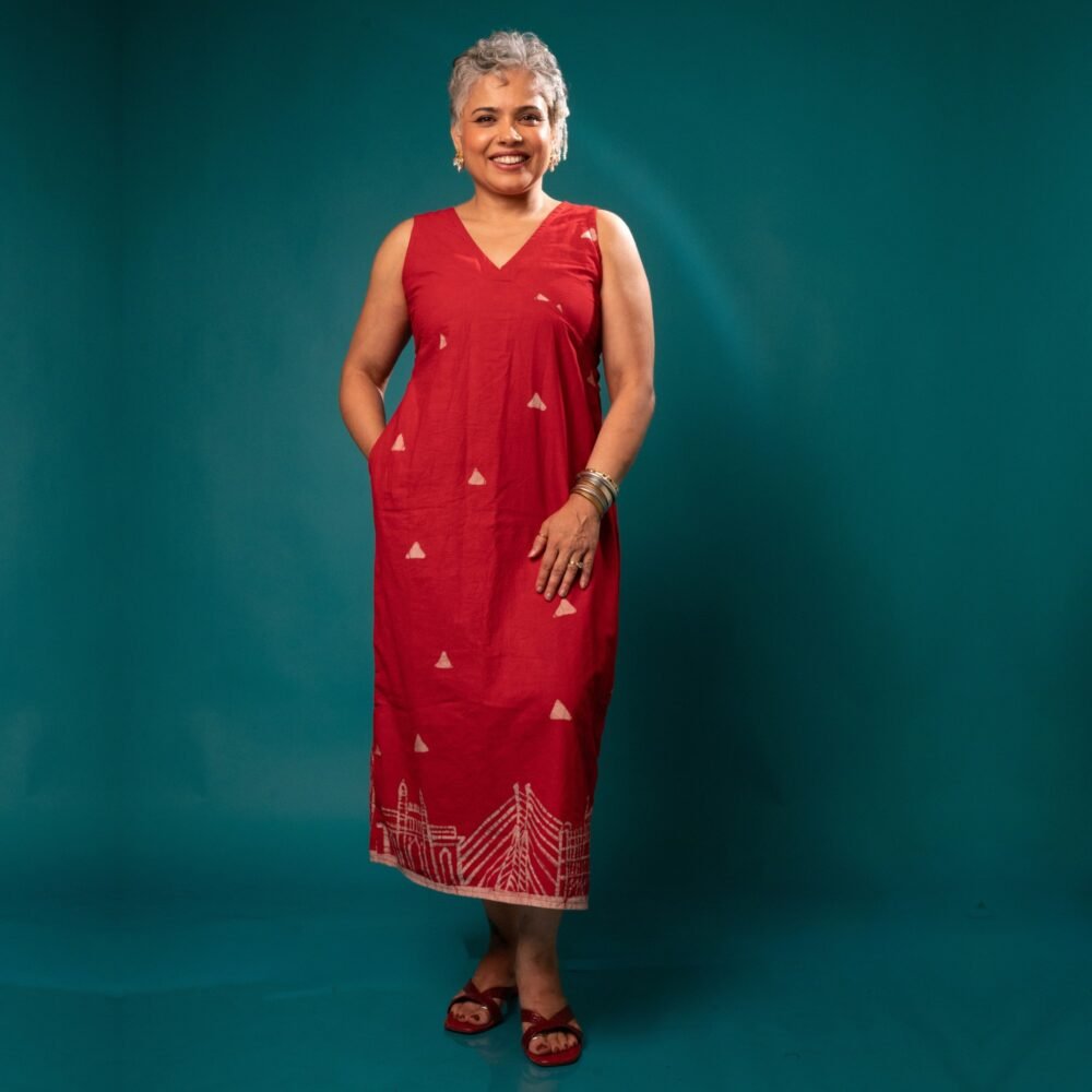 Mumbai Red Hand Batik Pure Cotton Long Belt Dress