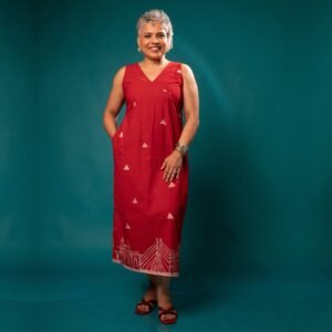 Mumbai Red Hand Batik Pure Cotton Long Belt Dress