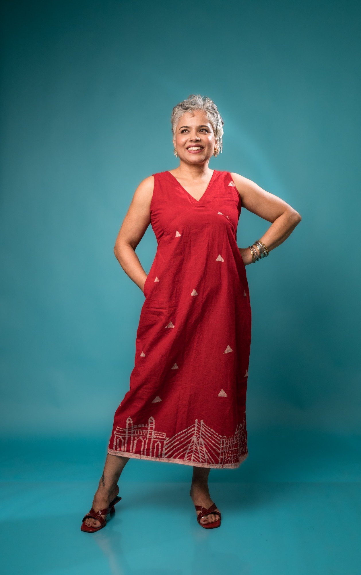Mumbai Red Hand Batik Pure Cotton Long Belt Dress - Image 2