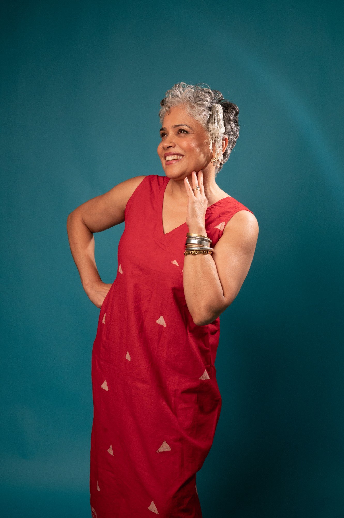 Mumbai Red Hand Batik Pure Cotton Long Belt Dress - Image 3