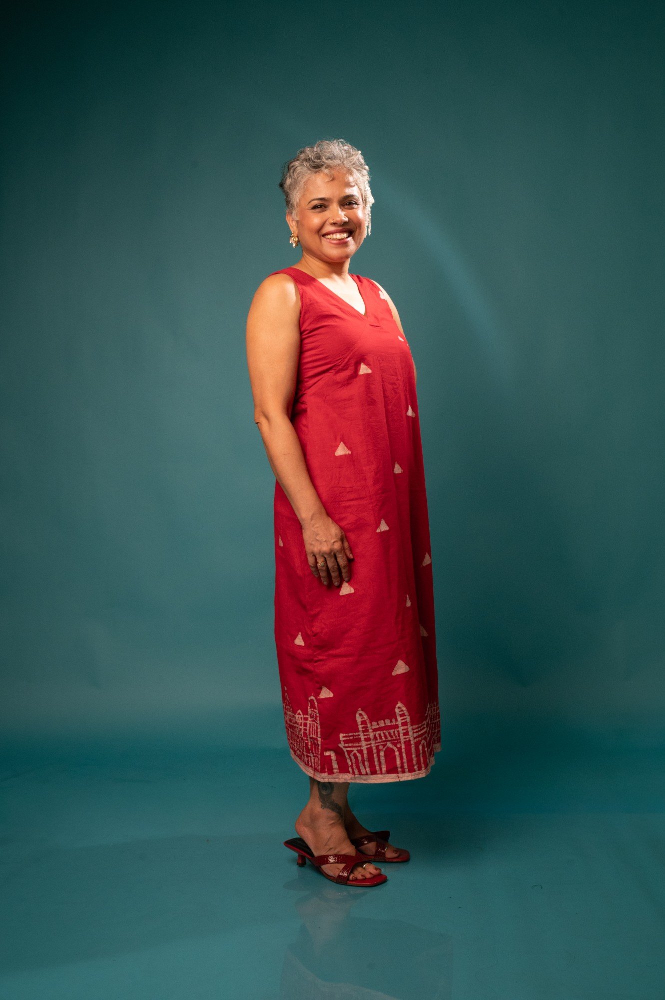 Mumbai Red Hand Batik Pure Cotton Long Belt Dress - Image 4