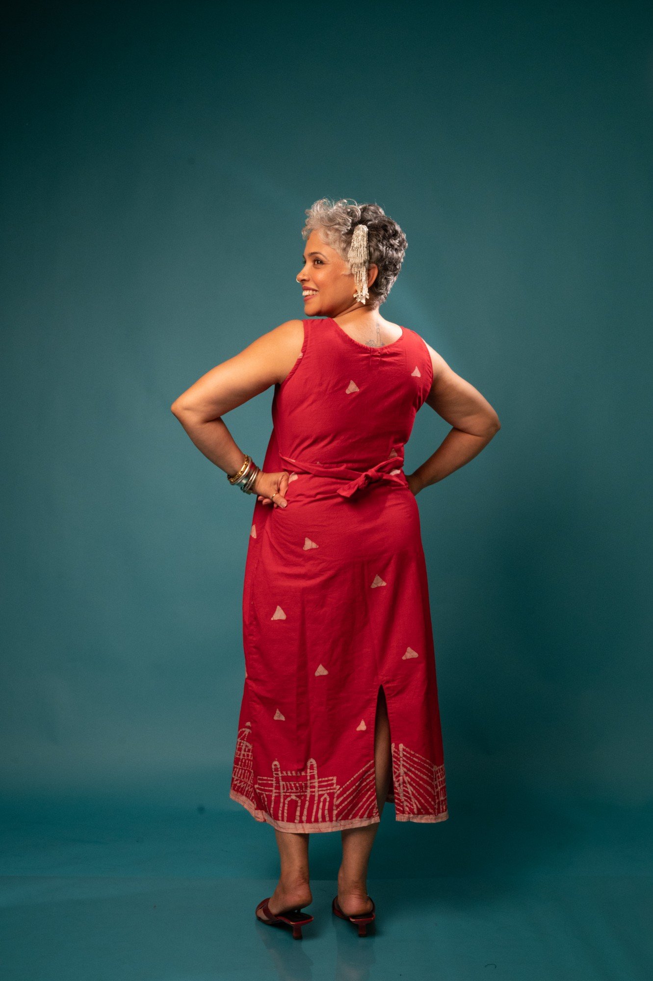 Mumbai Red Hand Batik Pure Cotton Long Belt Dress - Image 5