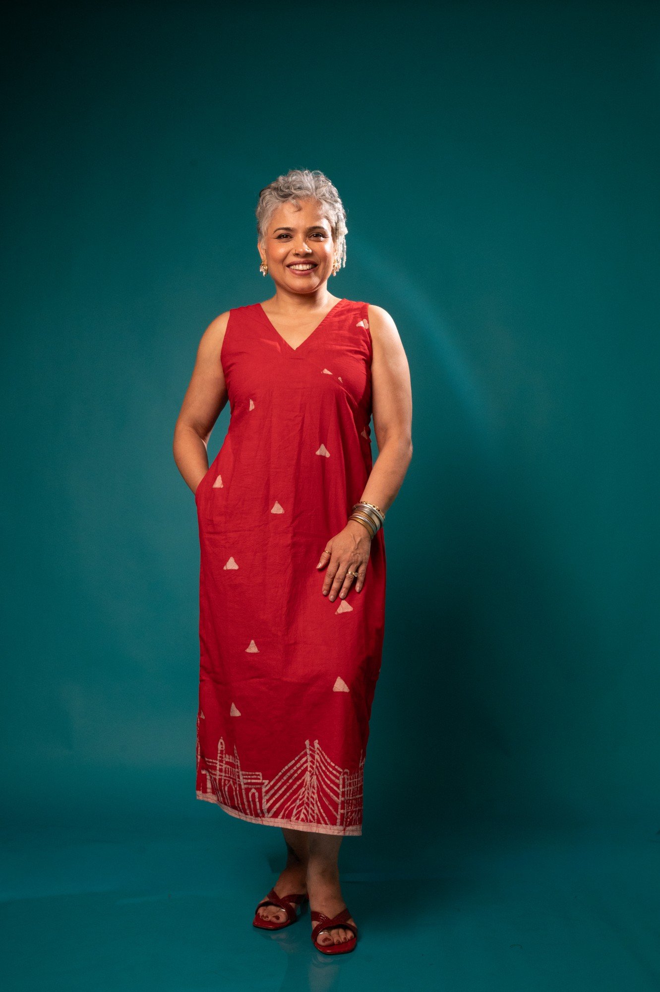 Mumbai Red Hand Batik Pure Cotton Long Belt Dress - Image 6