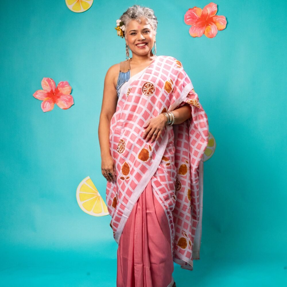 Pink Checks Lemon Silk Cotton Hand-painted Batik Saree