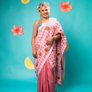 Pink Checks Lemon Silk Cotton Hand-painted Batik Saree