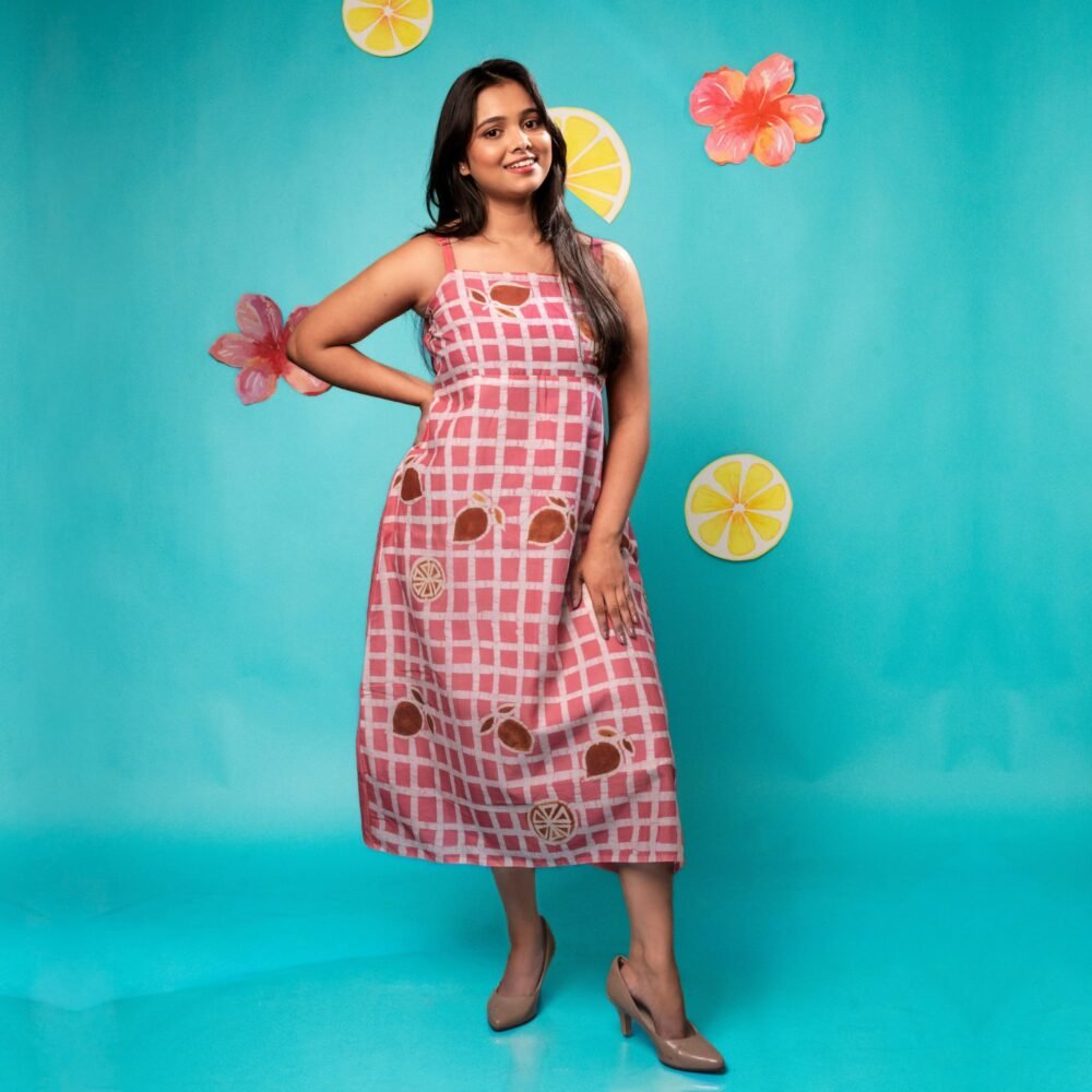 Pink Lemon Checks Strappy Pure Cotton Batik Art Dress