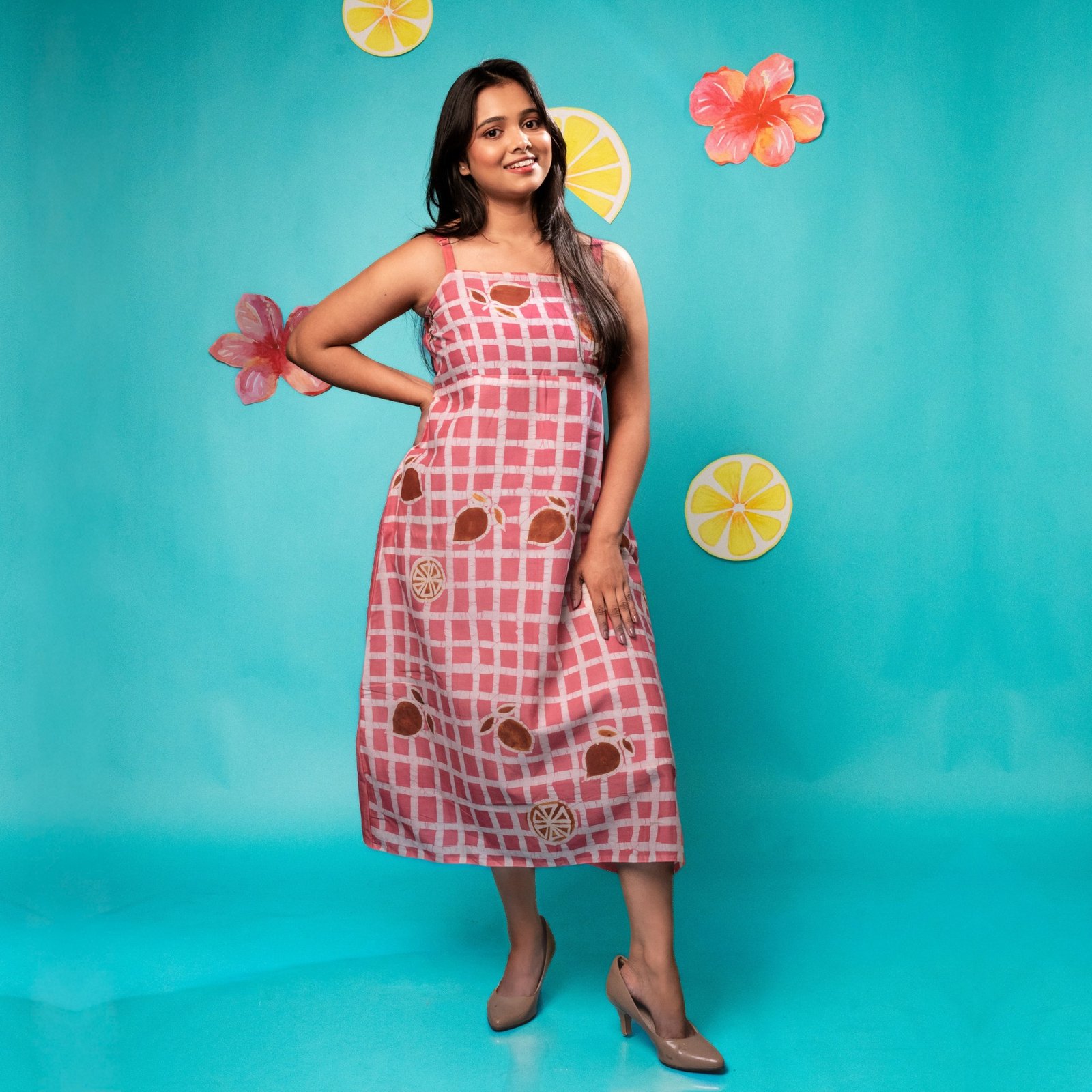 Pink Lemon Checks Strappy Pure Cotton Batik Art Dress