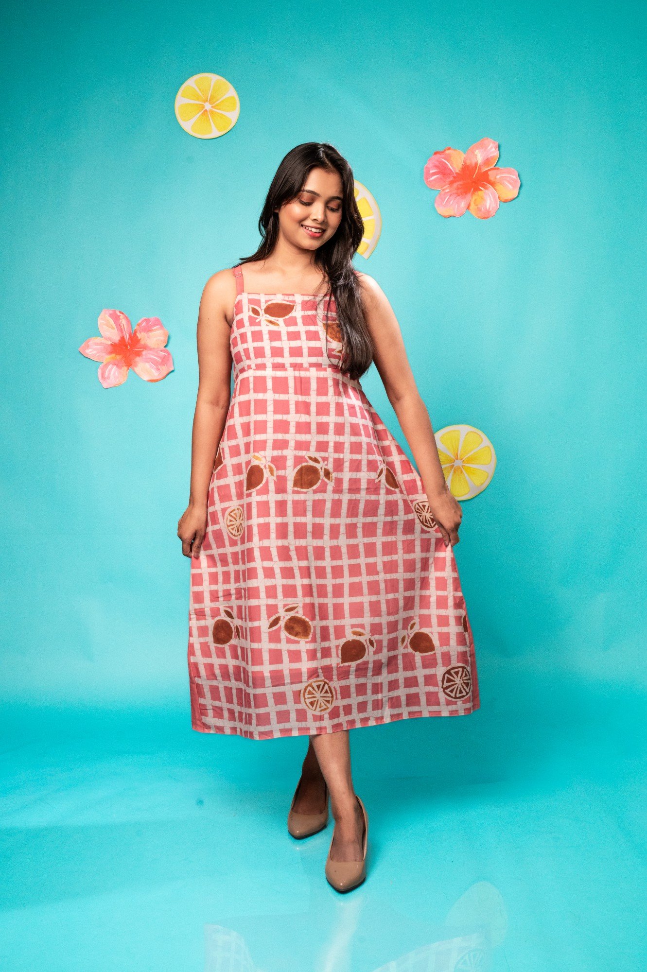 Pink Lemon Checks Strappy Pure Cotton Batik Art Dress - Image 2
