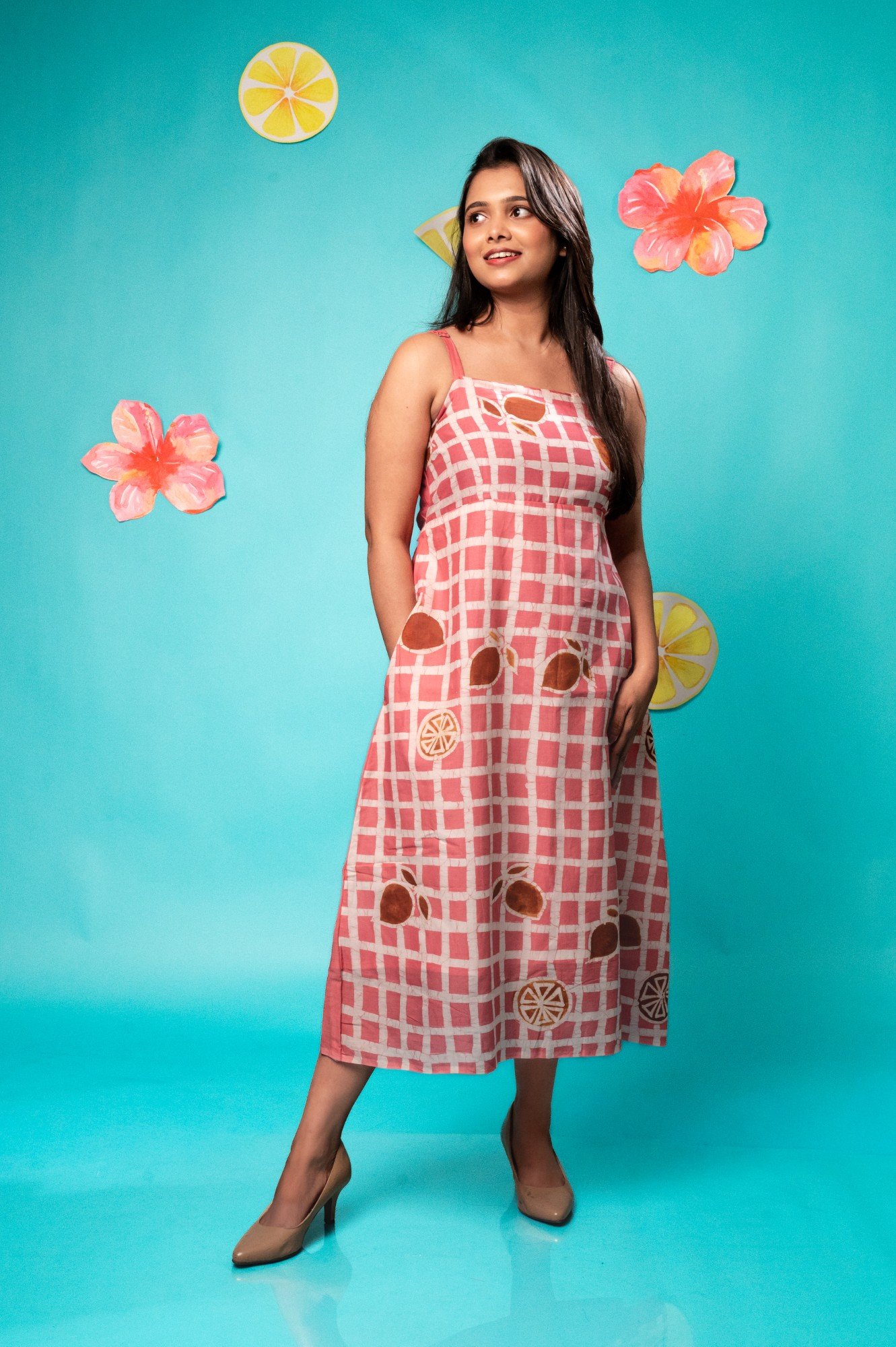 Pink Lemon Checks Strappy Pure Cotton Batik Art Dress - Image 3