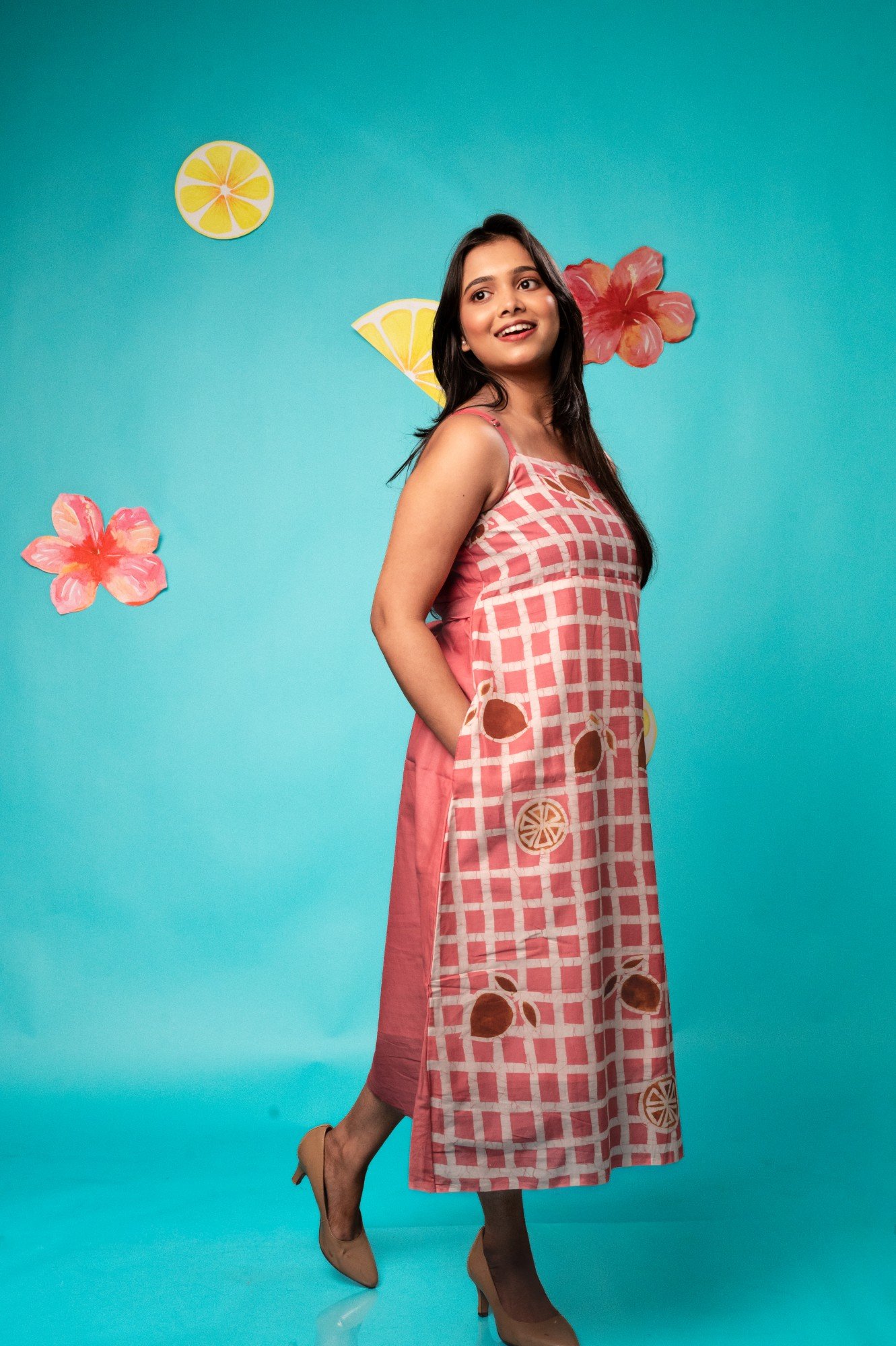 Pink Lemon Checks Strappy Pure Cotton Batik Art Dress - Image 4