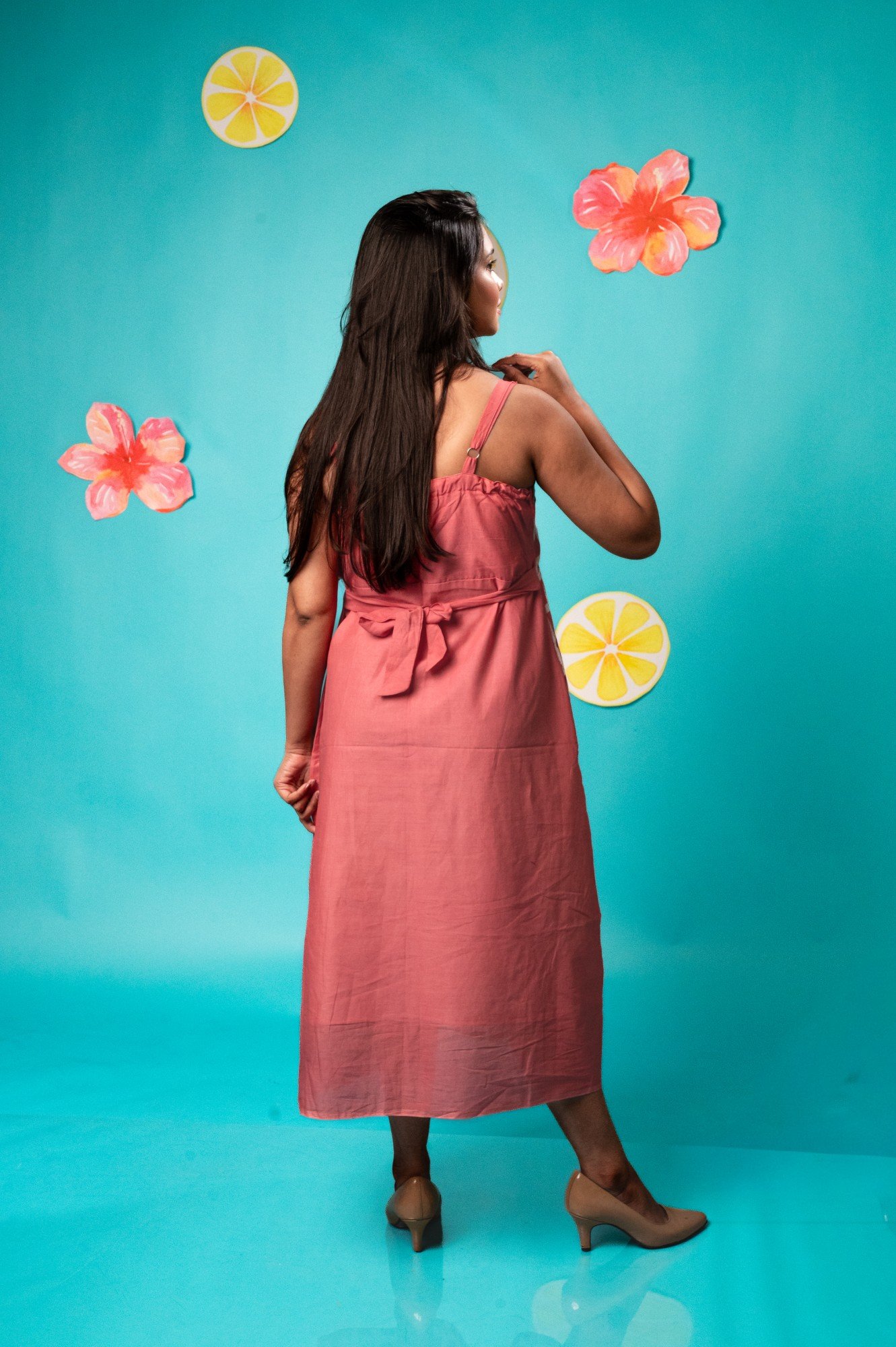 Pink Lemon Checks Strappy Pure Cotton Batik Art Dress - Image 5