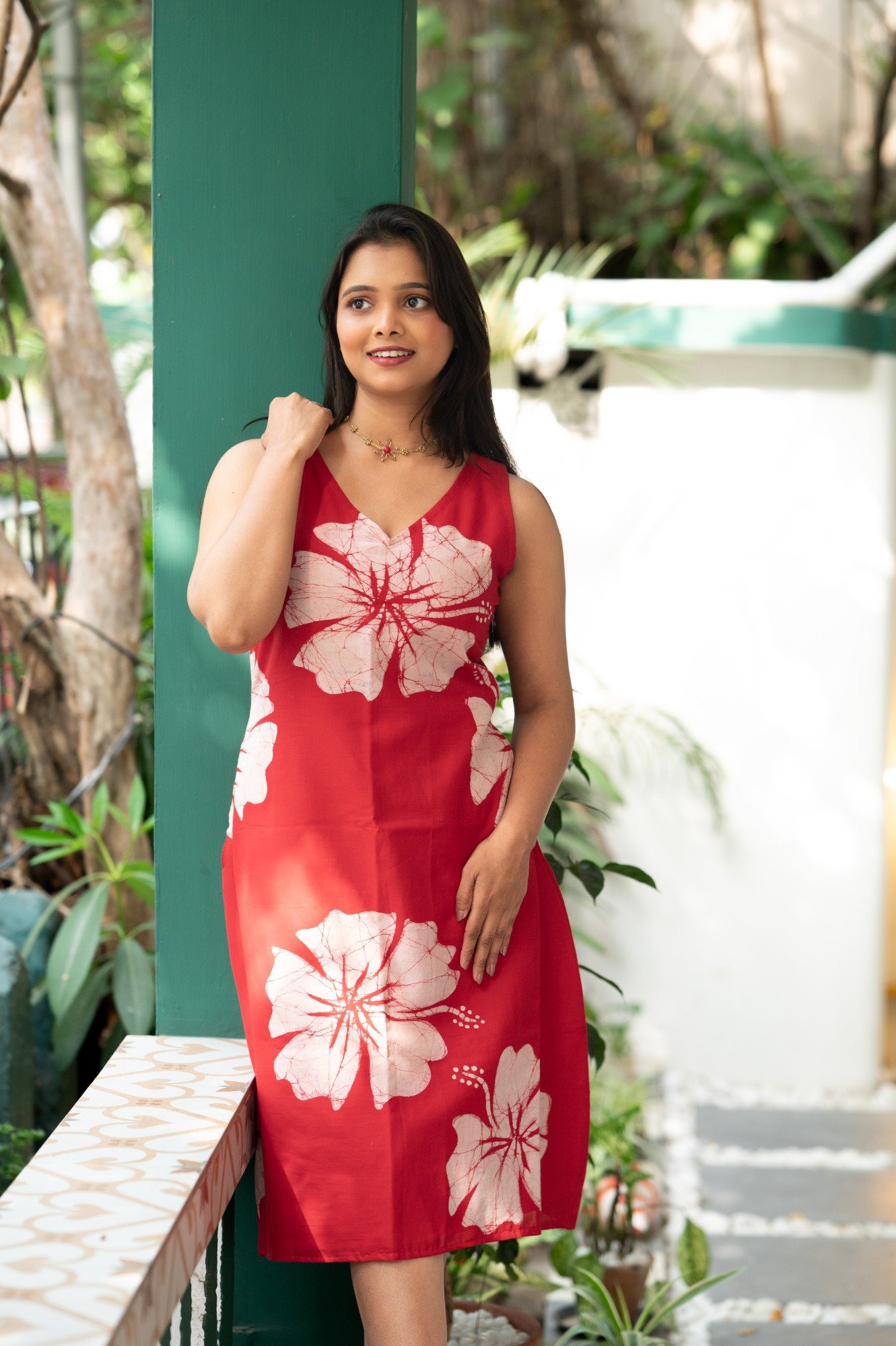 White Joba in Red Pure Cotton Batik Art Dress - Image 5