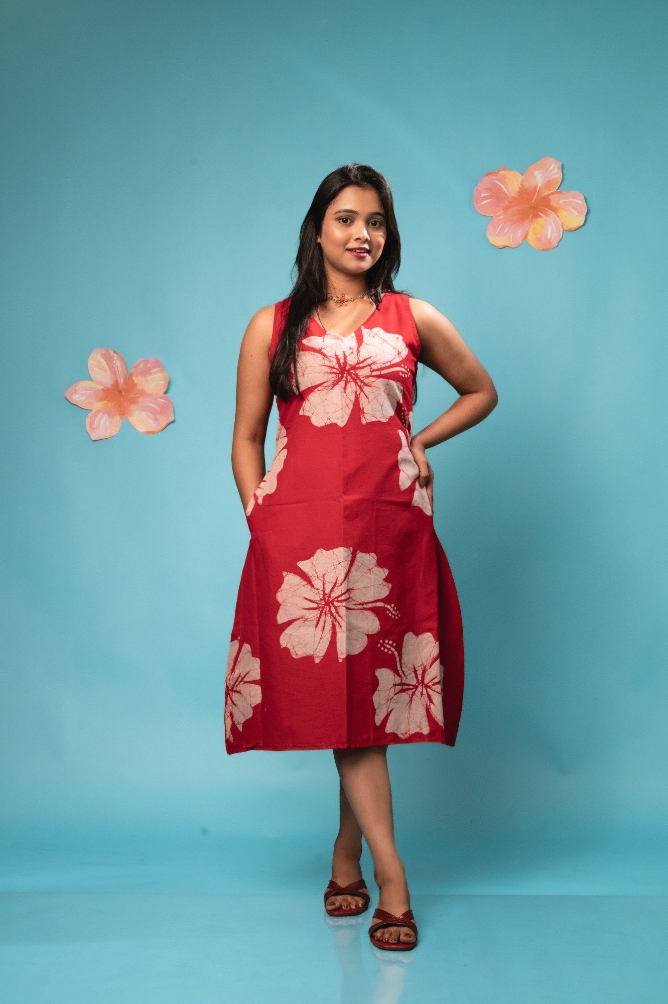 White Joba in Red Pure Cotton Batik Art Dress - Image 6