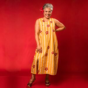 Yellow Striped Floral Pure Cotton Batik Art Dress