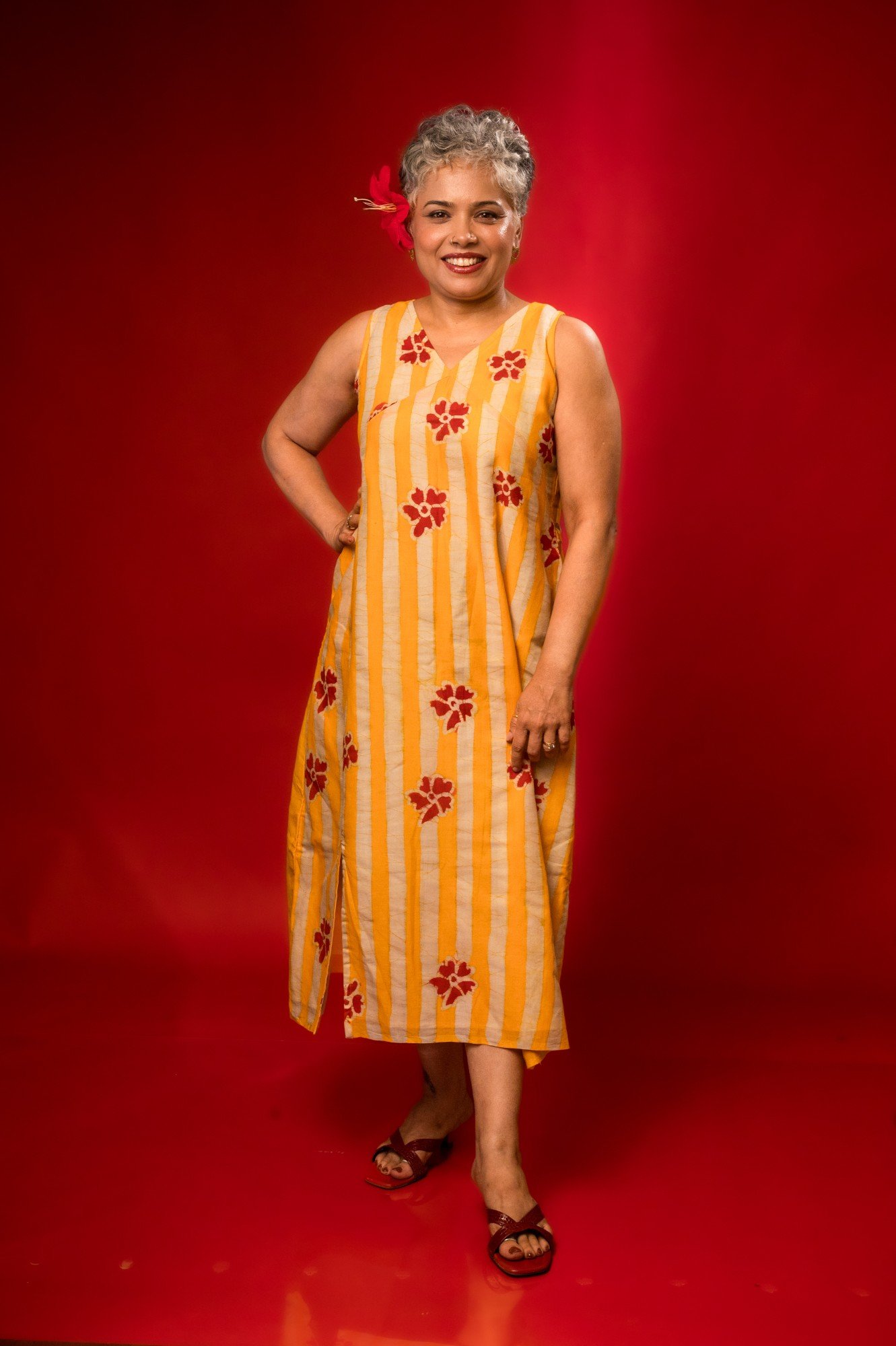 Yellow Striped Floral Pure Cotton Batik Art Dress - Image 2