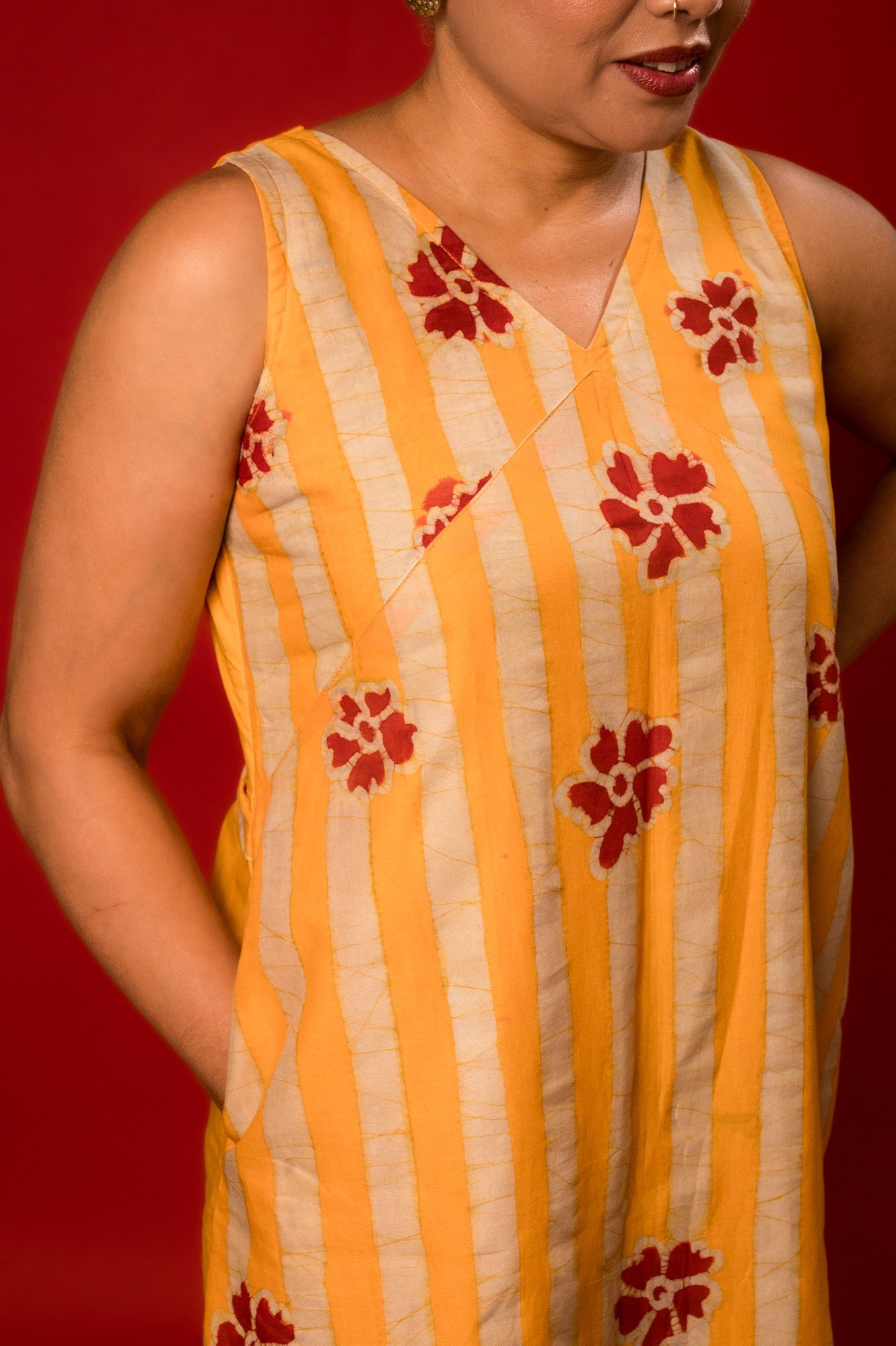 Yellow Striped Floral Pure Cotton Batik Art Dress - Image 3