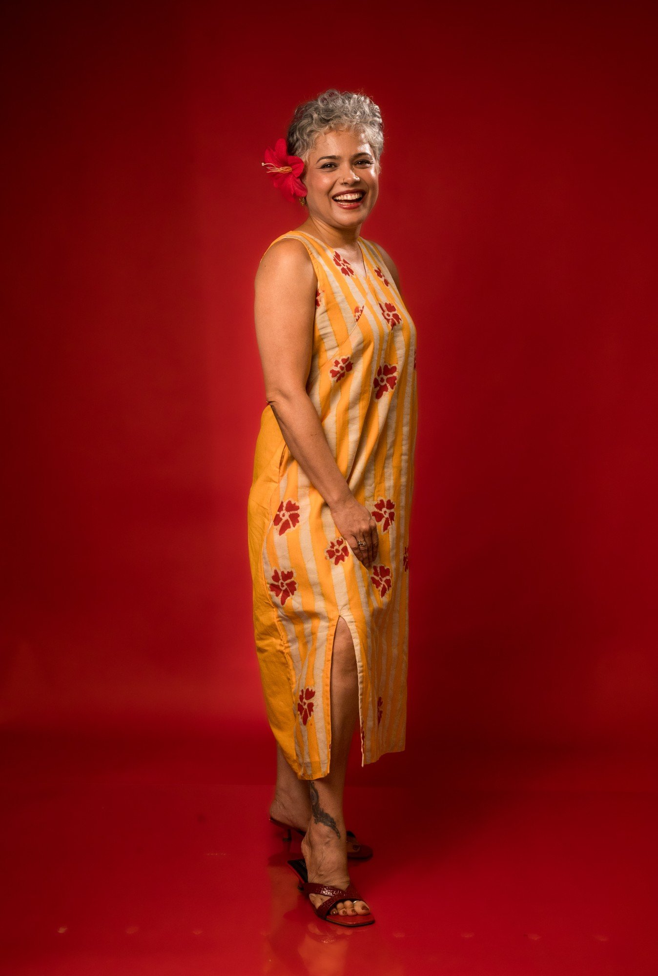 Yellow Striped Floral Pure Cotton Batik Art Dress - Image 4