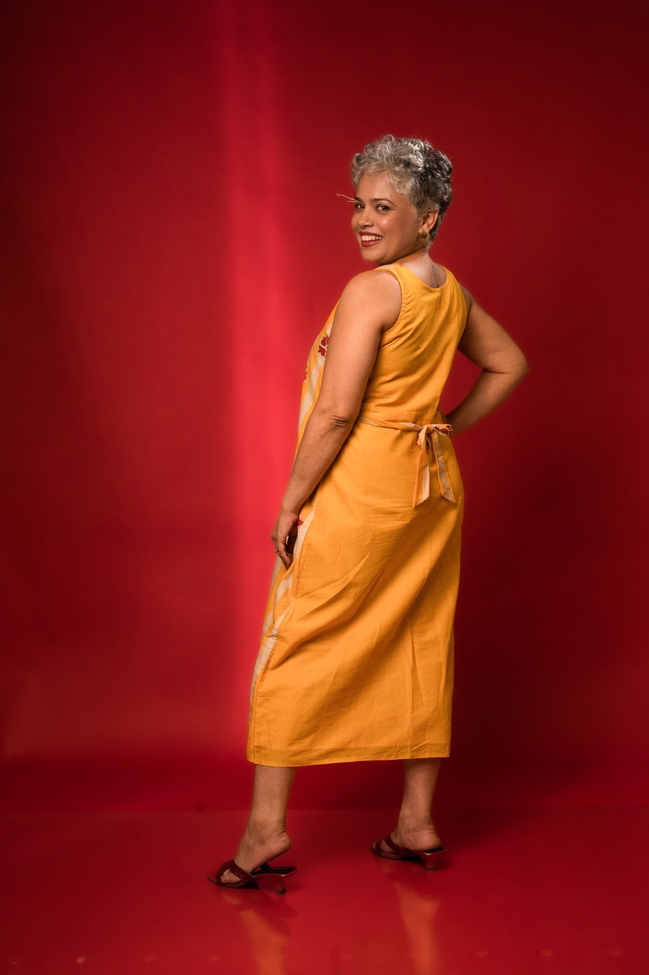 Yellow Striped Floral Pure Cotton Batik Art Dress - Image 6