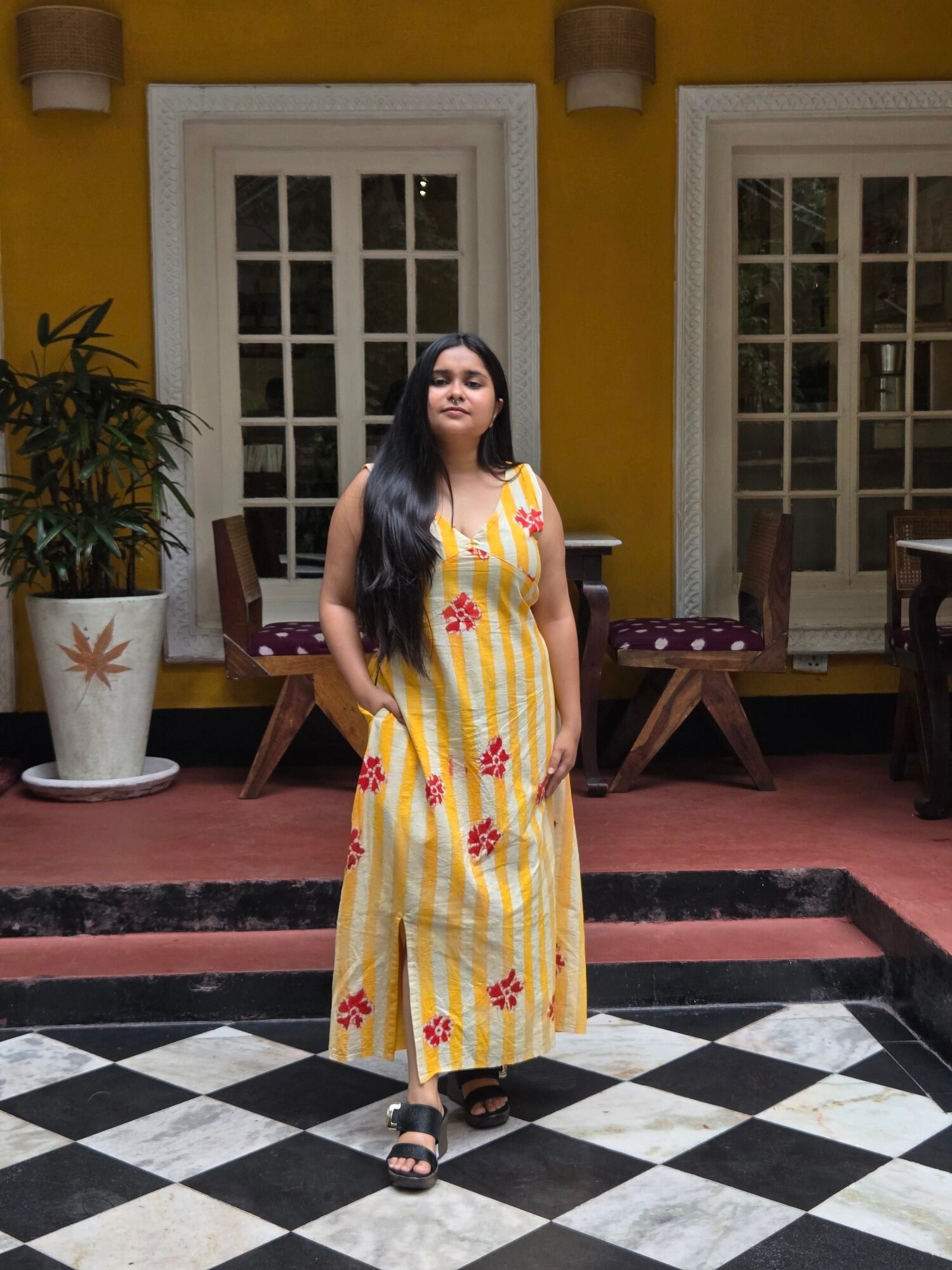 Yellow Striped Floral Pure Cotton Batik Art Dress - Image 7